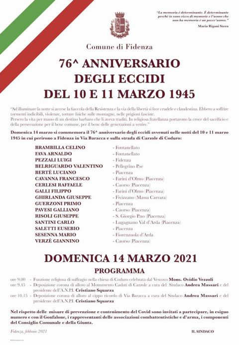 76° anniversario degli eccidi del 10 e 11 marzo 1945