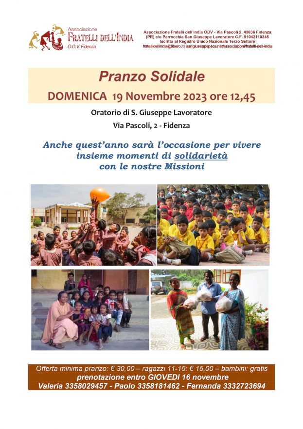 Il 19 novembre a Fidenza il tradizionale pranzo solidale dell'associazione 